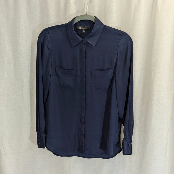 INC International Concepts Size XS Navy Satin Blue Button Down - Picture 1 of 12